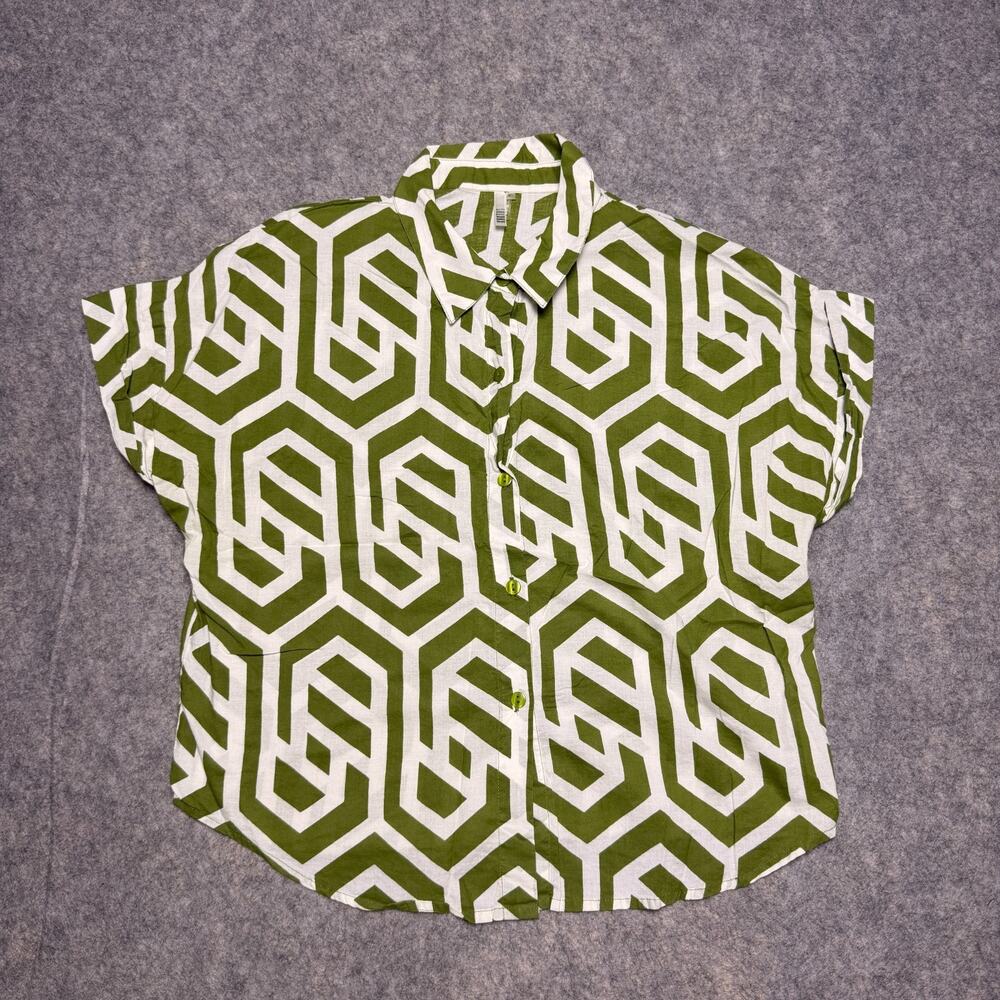 Kaktus Abstract Green Short Sleeve Button Front Blouse Sz XL